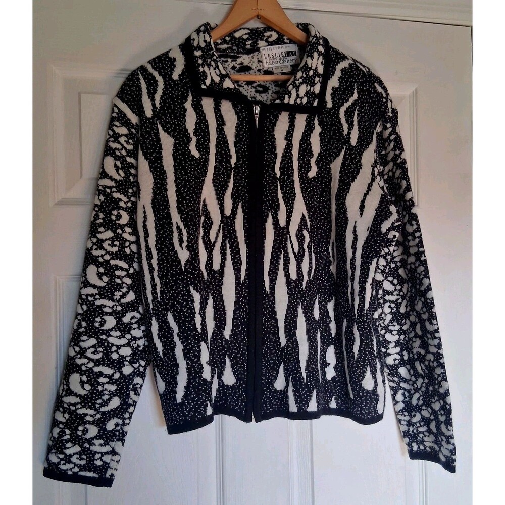 Vintage 90s Leslie Fay Haberdashery Zip Sweater Jacket XL Black White Baroque